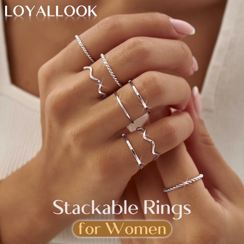 LOYALLOOK 8PCS Silver Stacking Ring Set for Women Dainty Thumb Stackable Rings Stainless Steel Silver Thin Rings Pinky Midi Ring Set - Image 3